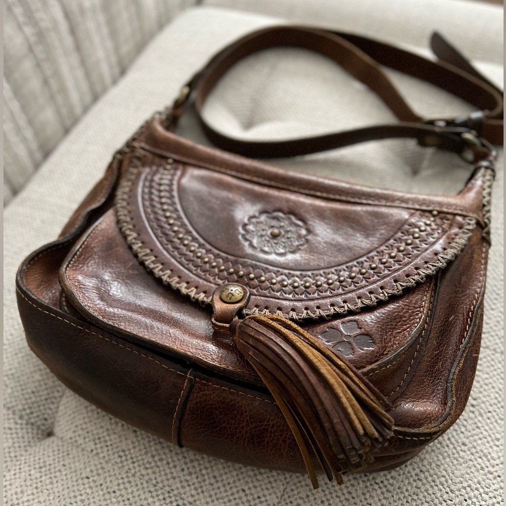 Patricia Nash Tooled Leather Brown Adjustable Beaumont Flap Boho Crossbody Bag
